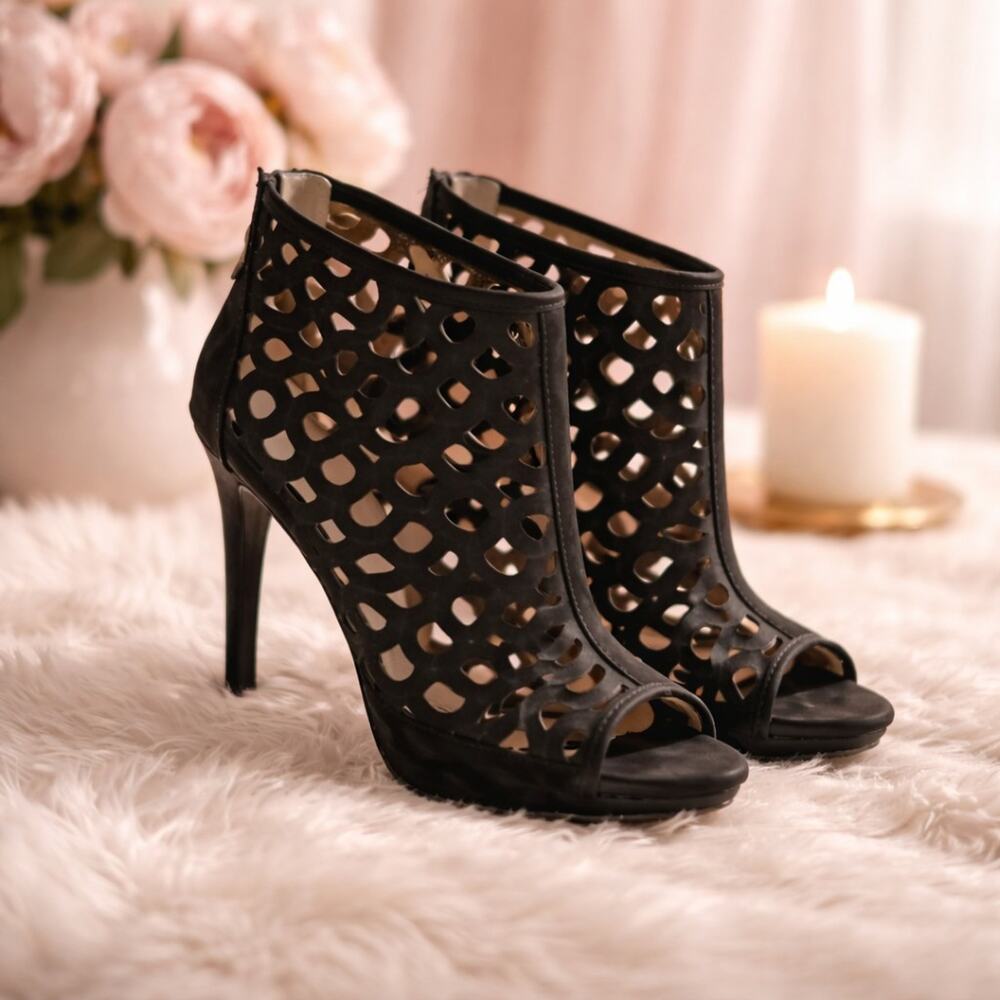 BCBG Black Leather Suede Caged Laser-cut Peep-Toe Stiletto Bootie 7.5 B/37.5